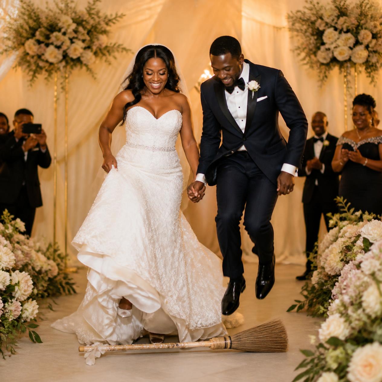 A newly married couple holding hands and jumping over a decorated broom at an indoor wedding